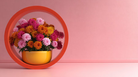 Flower pot with chrysanthemums on pink background.の素材