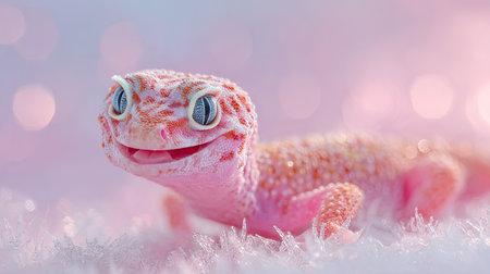 Cute pink leopard gecko on snow with bokeh backgroundの素材