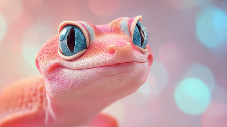 Close up of cute pink frog face on bokeh background.の素材