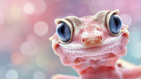 Close up of cute baby gecko on colorful bokeh backgroundの素材