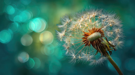 Dandelion flower on a background of green bokeh.の素材