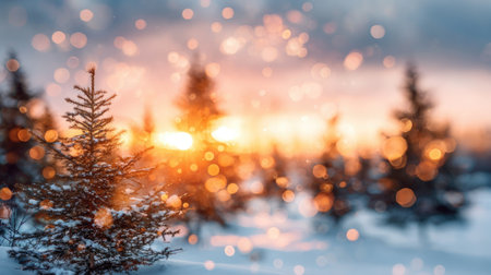 Winter landscape with snow covered fir trees and bokeh lights at sunsetの素材