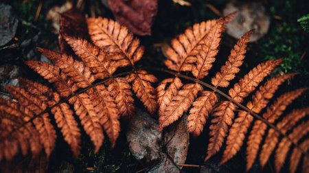 Fern leaves on the forest floor in autumn. Autumn background.の素材