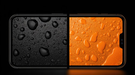 Smartphone with water drops on black background. 3D illustration.の素材