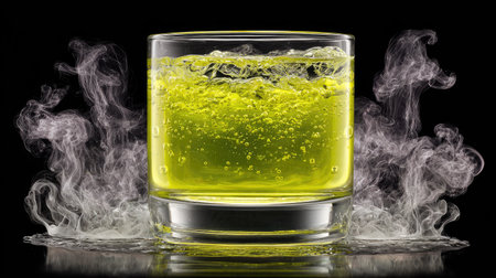 Glass of green carbonated drink with steam on a black background.の素材