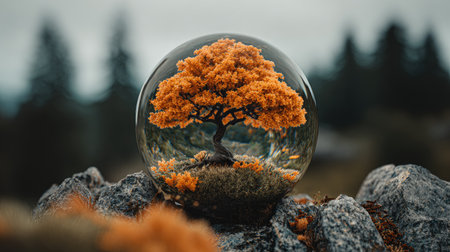 Crystal ball with tree inside on mossy ground. 3D renderingの素材