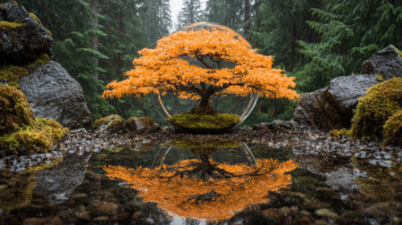 Bonsai tree in a glass sphere reflected in the water.の素材