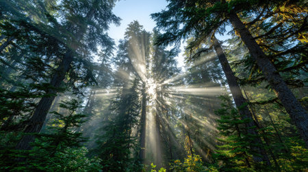 Sun rays through the trees in Sequoia National Park, Californiaの素材