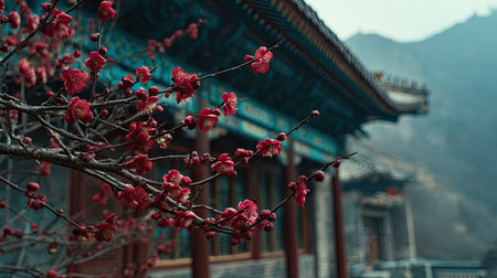 Beautiful plum blossoms in a temple in Beijing, China.の素材