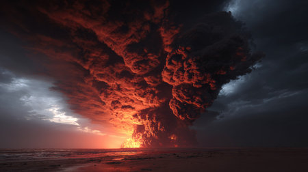 Dramatic view of a massive explosion on the beach at sunsetの素材