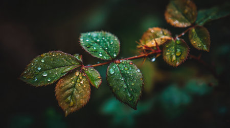 Water drops on the leaves of a rose after the rain in autumnの素材
