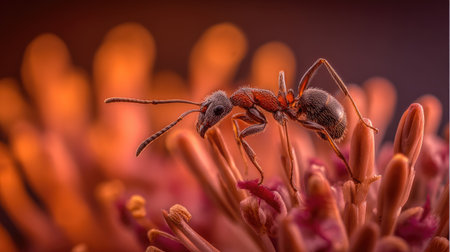 Ants mating on a red flower. Macro image of ant.の素材