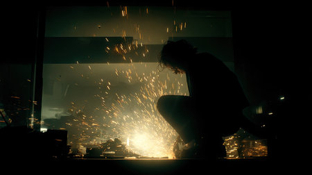 Worker with protective mask welding metal in the factory. Sparks from welding.の素材