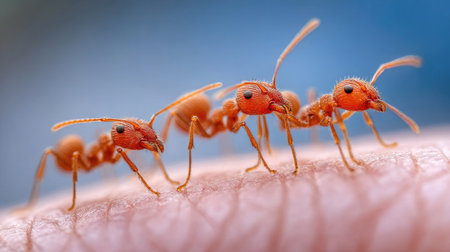 Close up of red ants on human skin. Shallow depth of field.の素材