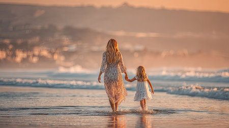 Mother and daughter walking on the beach at sunset. Happy family.の素材