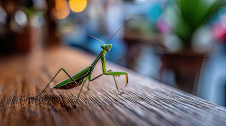Praying mantis on a wooden table in a cafe.の素材
