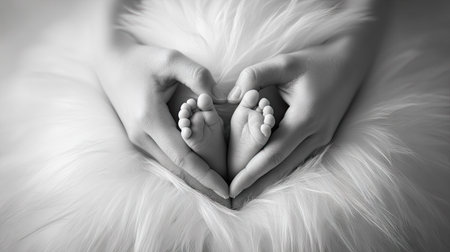 Newborn baby feet in the hands of mother on white fur backgroundの素材