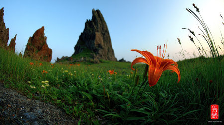 Lily flower in the meadow and mountain in the background.の素材