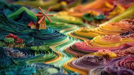 Colorful origami paper with windmill in the background. Close up.の素材