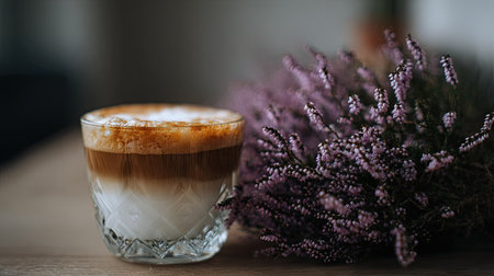 Cappuccino in a glass cup on a wooden table with purple heatherの素材