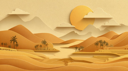 Desert landscape with palm trees and sun. Paper art and craft style.の素材