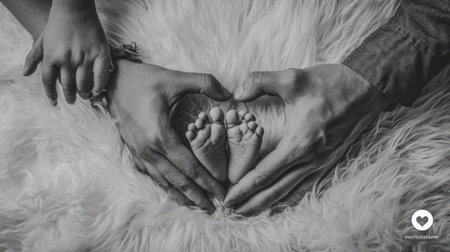 Pregnant woman and her husband holding baby feet in heart shapeの素材