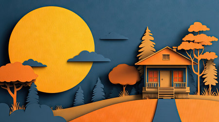 Paper art style of a house in the forest with full moon background.の素材