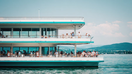 Tourists on the cruise ship in Lake Garda, Italy.の素材