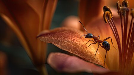 Ant on a lily flower. Macro. Shallow depth of field.の素材