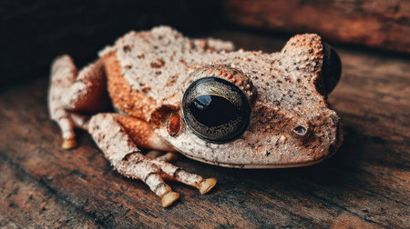 Frog on wooden background. Tropical amphibian. Wildlife animal.の素材