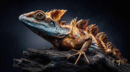 Blue bearded dragon on a piece of wood on a black background.の素材