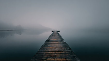 Wooden jetty on a foggy lake in the morning.の素材