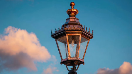 Old street lamp against blue sky with clouds at sunset in Paris, Franceの素材