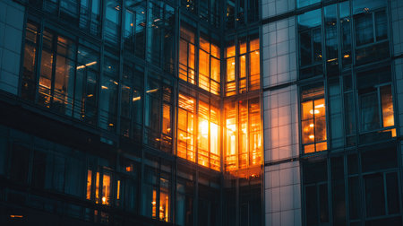 Reflection in windows of modern office building at night, business conceptの素材
