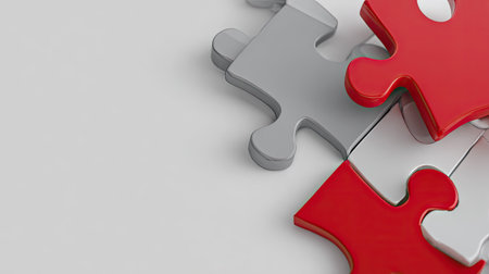 3d illustration of red and grey jigsaw puzzle pieces over white backgroundの素材