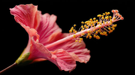 Pink hibiscus flower isolated on black background, close upの素材