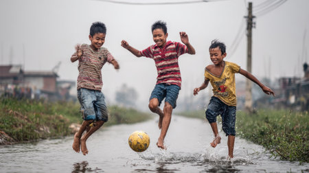 Unidentified children playing football in the paddy field.の素材