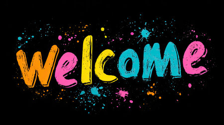 Welcome. Vector handwritten lettering on black background with splashes.の素材