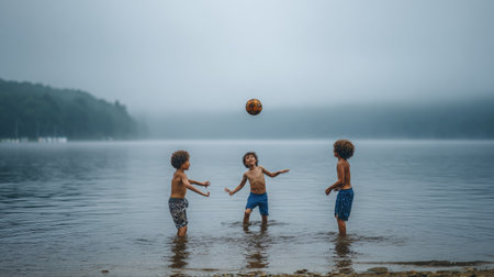 Two boys playing soccer in the lake on a foggy day.の素材