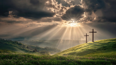 Cross on the hillside with sun rays and clouds in the skyの素材
