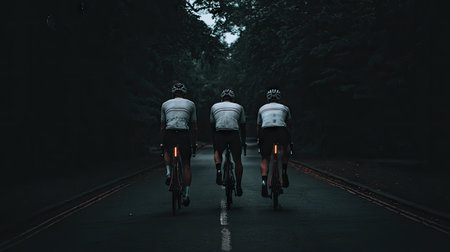 Cyclists riding on the road in the dark forest. 3d renderingの素材
