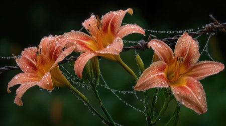 Beautiful orange lily flowers with raindrops on a green backgroundの素材