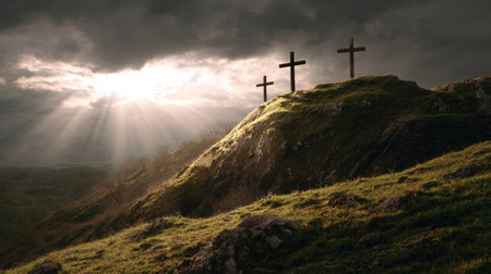 Crosses on top of a hill with sunlight coming through the cloudsの素材