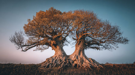 Old oak tree in the middle of a meadow at sunset.の素材