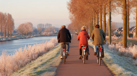 Group of seniors on bikes along the canal in winter, Netherlands.の素材