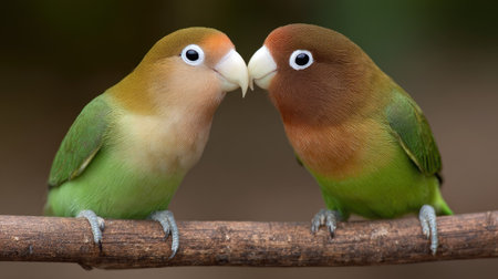Two lovebirds sitting on a branch, close-up portrait.の素材