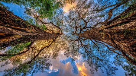 Looking up at the sky through the branches of a tall tree.の素材