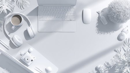 Top view of white office desk with laptop, coffee cup, camera and plant. Workplace concept. 3D Renderingの素材