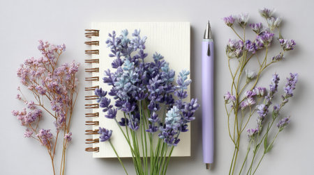 Flat lay composition with notebook, purple flowers and pen on white backgroundの素材