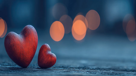 Two red hearts on a wooden background with bokeh lights.の素材